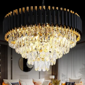 Modern Black & Gold Crystal Chandelier, Dimmable 5-Tier