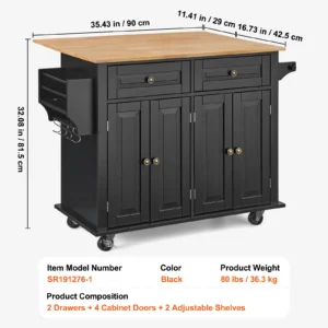 43" Kitchen Island Cart Wood Top Mobile Carts with Storage Cabinet