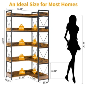 JHK 65 inch L Shaped Bookshelf 5 Tier Corner Bookcase